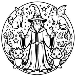 Märchenhafte Zauberer-Malvorlage für kleine Künstler