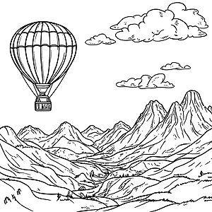 Heißluftballon über den Bergen Ausmalbild