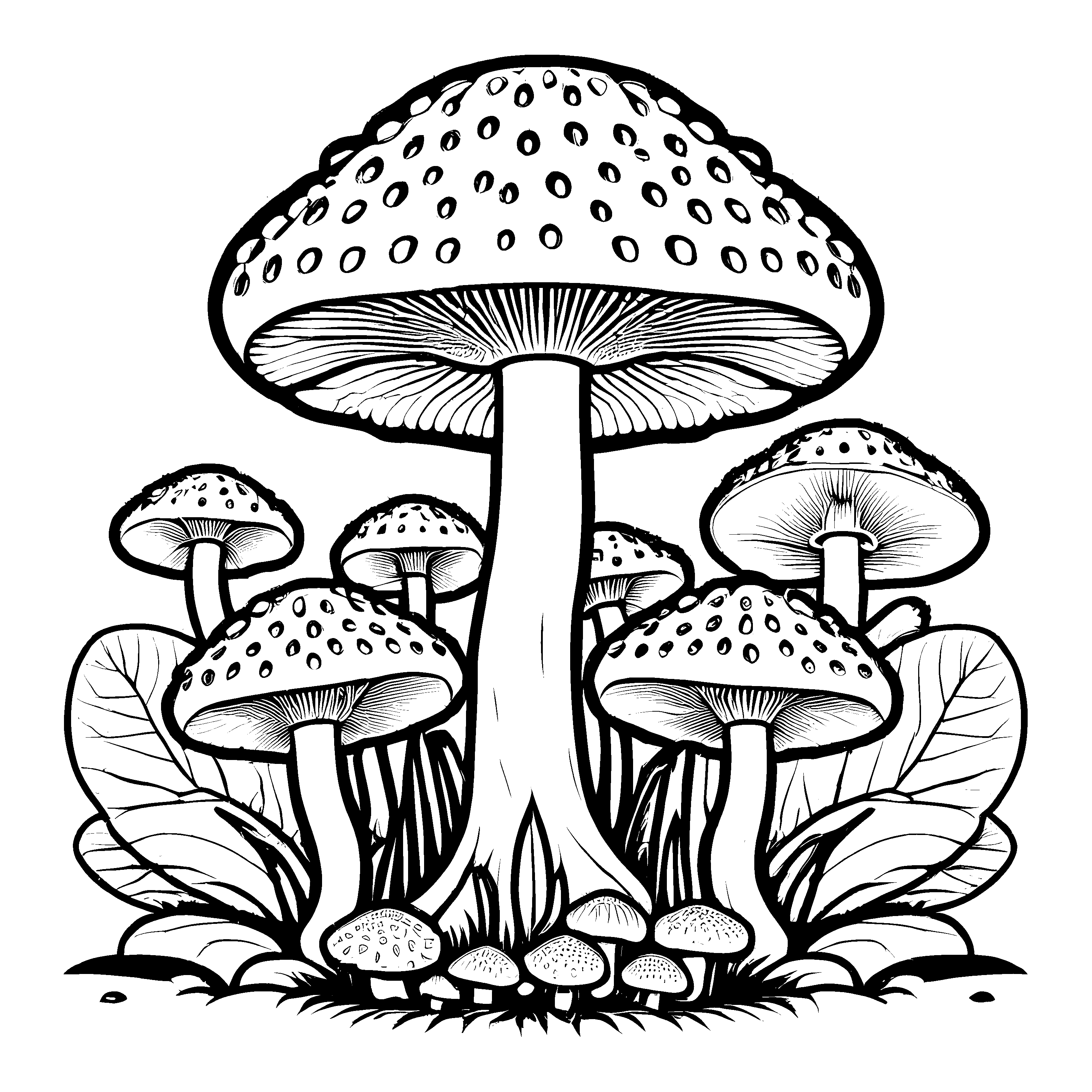 Lustige Fliegenpilze-Ausmalvorlage für Groß und Klein