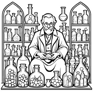 Detailreiche Alchemisten-Ausmalvorlage für die ganze Familie