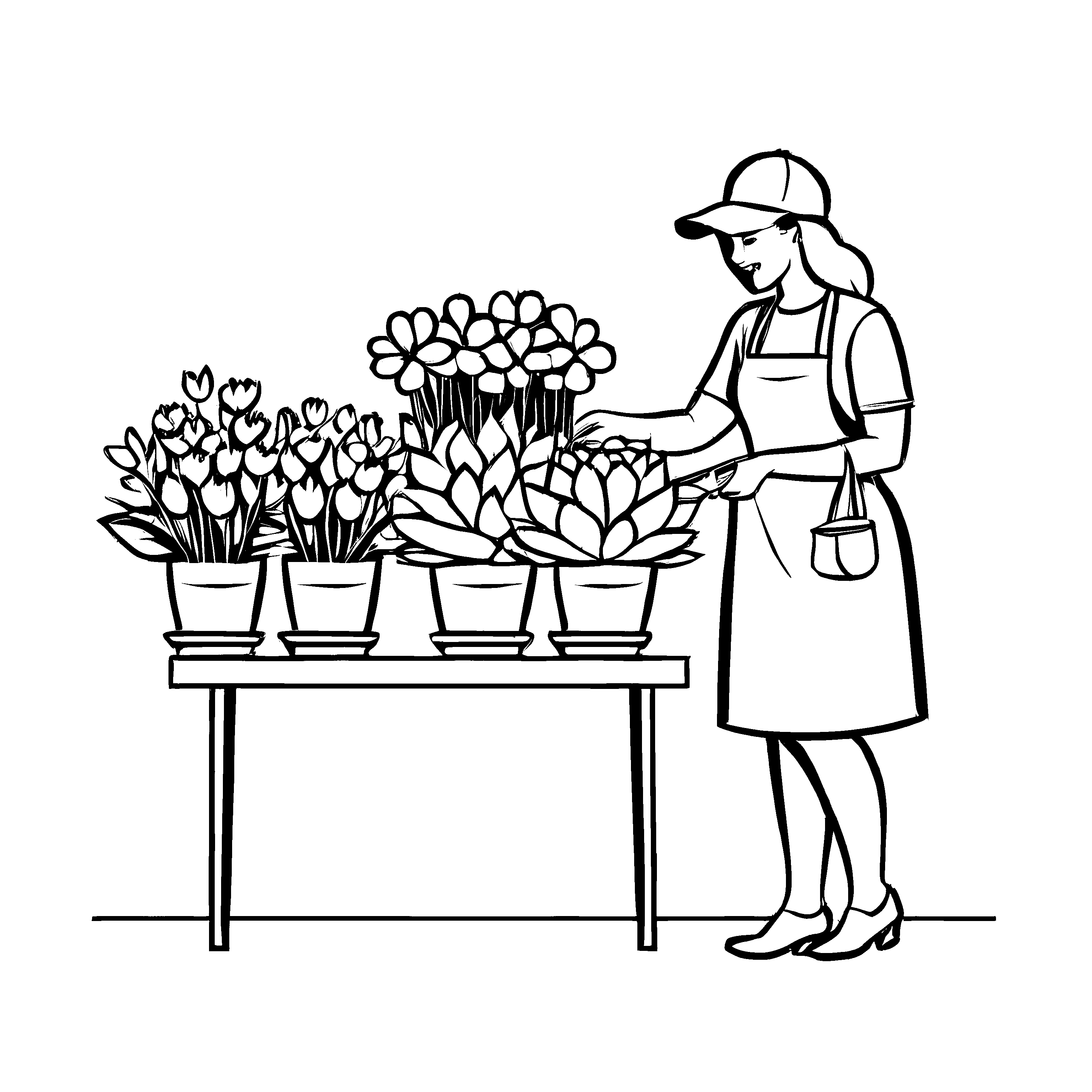 Liebevolle Blumenhändler-Malvorlage für den Bastelspaß