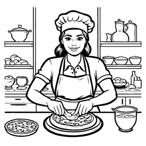 Buntes Pizzabäcker-Malbild zum Basteln und Malen