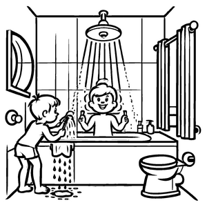 Fröhliche Badezimmer-Ausmalvorlage zum kreativen Zeitvertreib