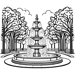 Liebevolle Springbrunnen-Ausmalvorlage für Groß und Klein