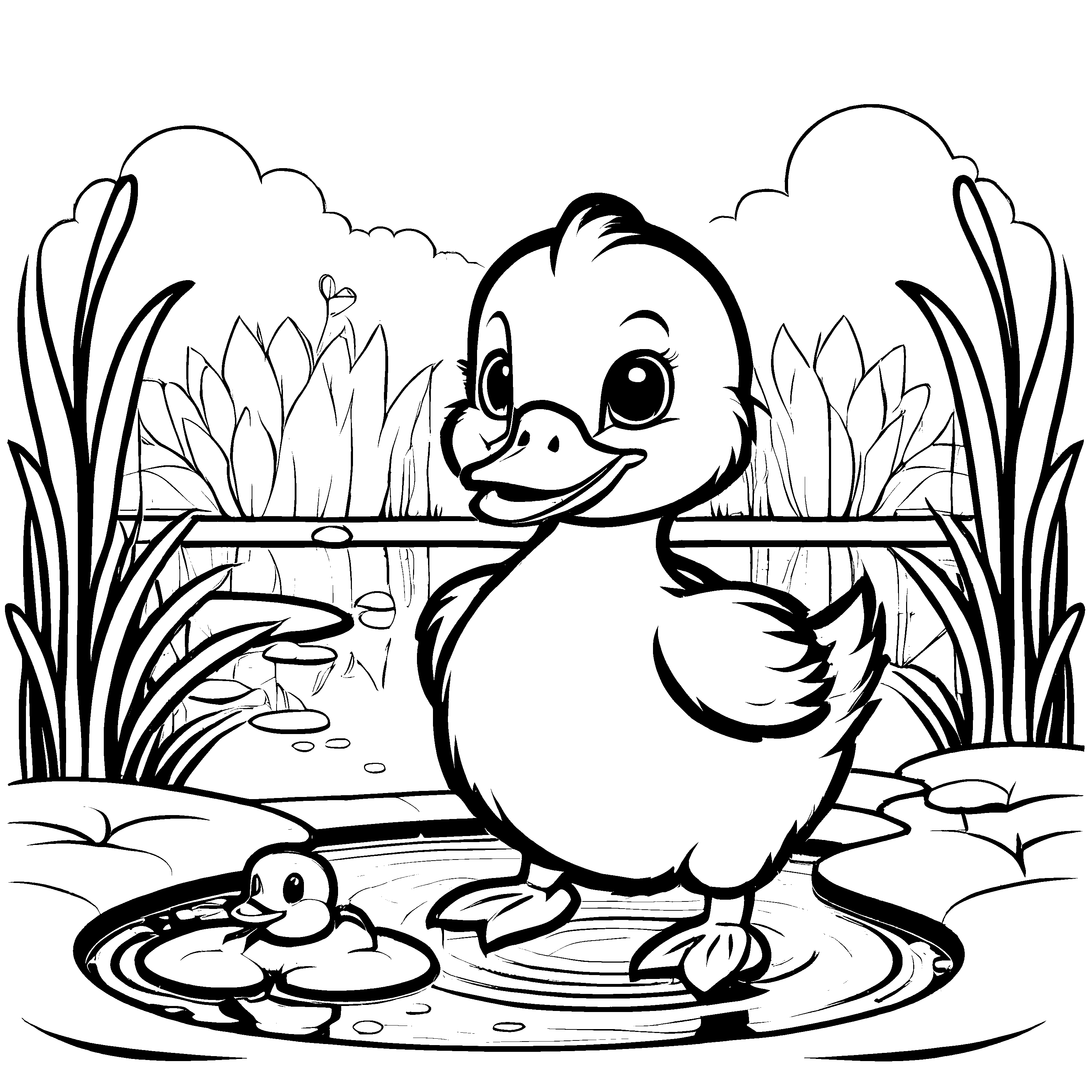 Verspieltes Enten-Ausmalbild zum kreativen Gestalten