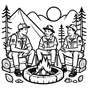 Fröhliche Lagerfeuer-Ausmalvorlage für Groß und Klein