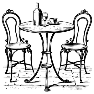 Eleganter Vintage-Tisch mit Weinflasche und Gläsern Malvorlage für kleine Genießer*innen