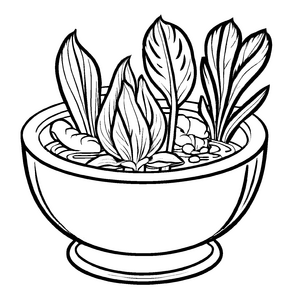 Buntes Galgant-Bowls mit zauberhaften Pflanzen Ausmalmotiv für neugierige Naturentdecker