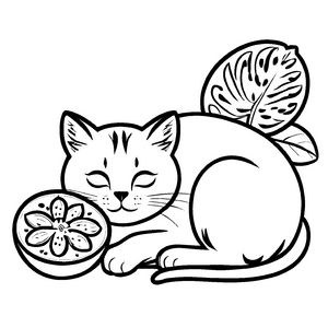 Kuschelige Katze mit fruchtiger Maracuja Malvorlage für süße Tierfreunde
