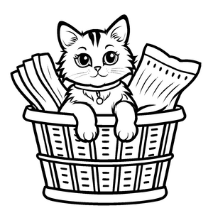 Charmante Katze mit großem Ausdruck im Wäschekorb Malvorlage für fröhliche Entdeckerinseln