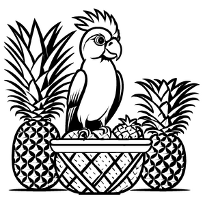 Begeisternde Ananas mit fröhlichem Vogel im Korb Ausmalvorlage für fantasievolle Fruchtliebhaber