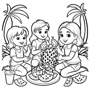 Drei fröhliche Mädchen um eine gesunde Drachenfrucht Malvorlage für kleine Obstliebhaber