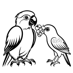 Zwei fröhliche Vögel mit köstlichen Trauben Ausmalmotiv für kleine Obstliebhaber
