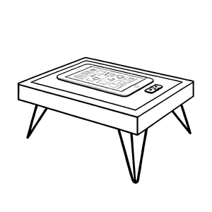 Stylischer Couchtisch mit Fernseher und Fernbedienungen Ausmalbild für kreative Köpfe