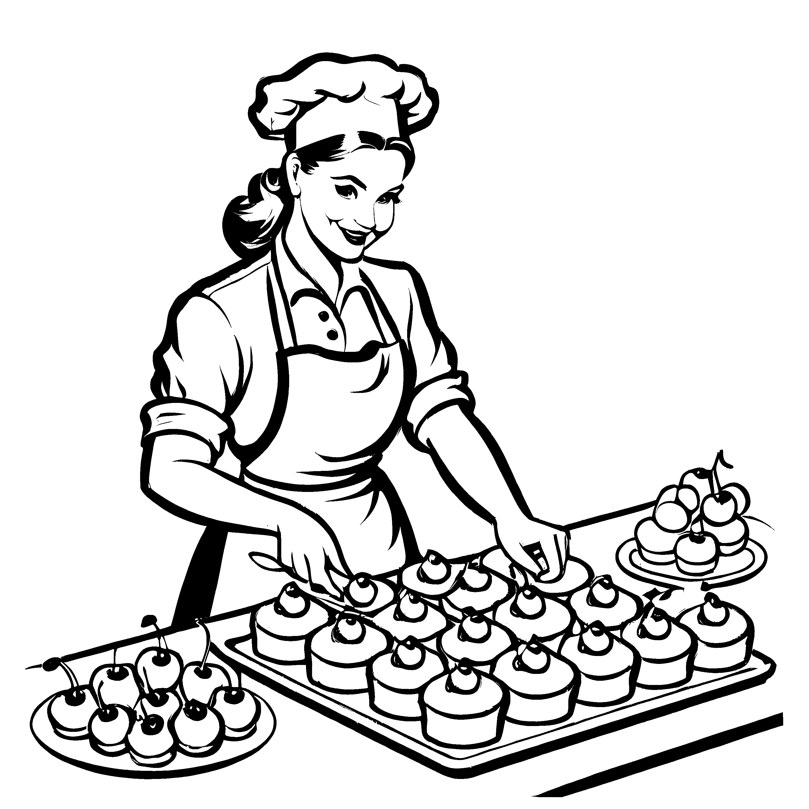 Kreative Frau beim Cupcake Verzieren Malvorlage für kleine Backkünstler