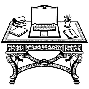 Modernes Schreibtisch-Setup mit Laptop und Büchern Ausmalbild für kreative Köpfe