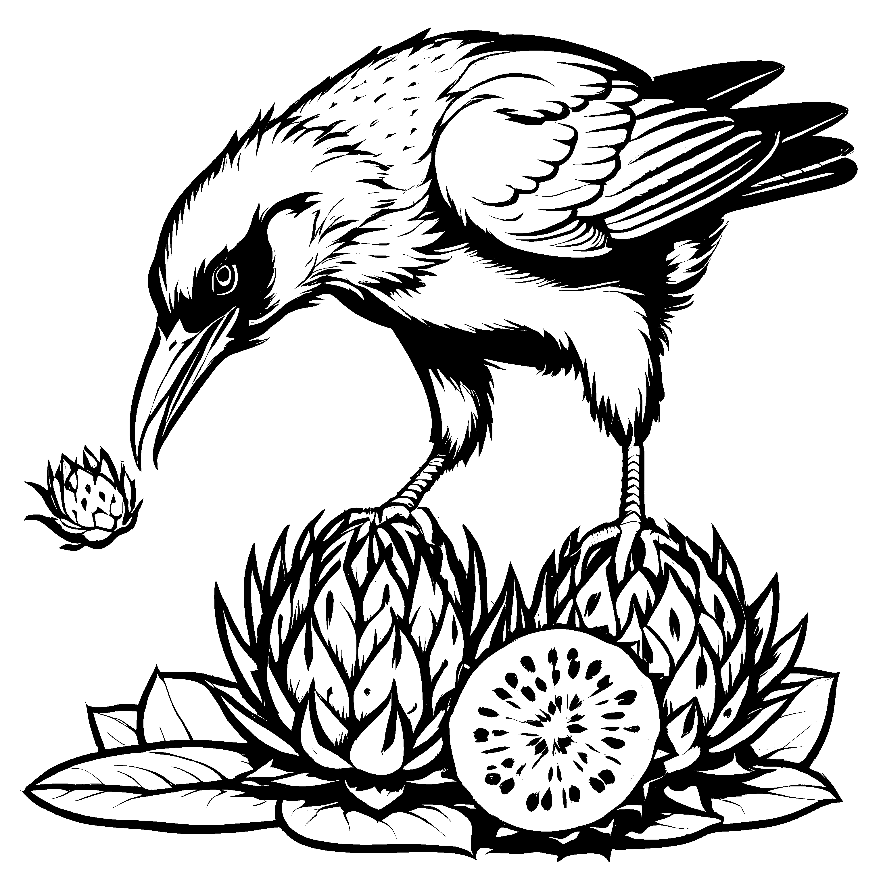 Kreativer Vogel neben köstlicher Drachenfrucht Ausmalbild für neugierige Kinder