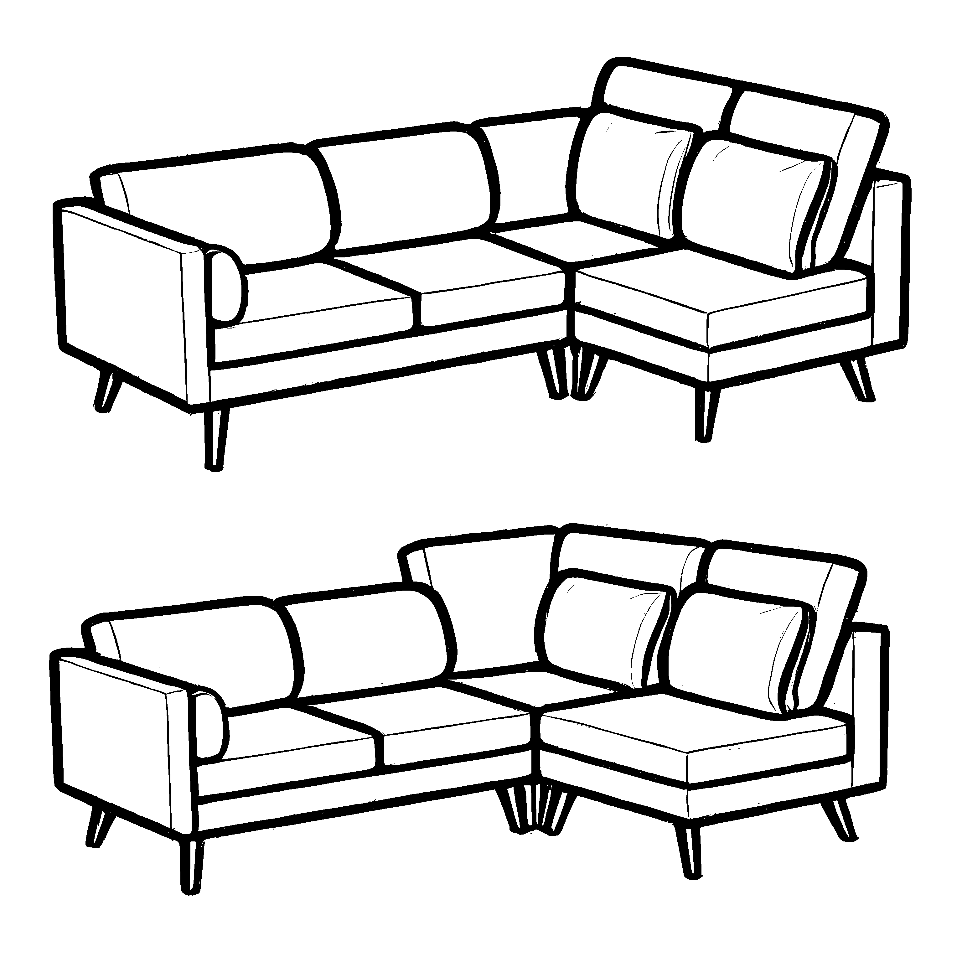 Zwei gemütliche Sofas übereinander in monochrom Ausmalbild für stilbewusste Trendsetter