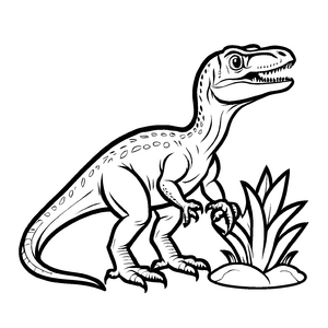 Spannender Velociraptor neben einer Pflanze Ausmalbild für kleine Dinosaurierfans