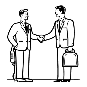 Zwei geschäftstüchtige Männer im Handshake mit Aktentasche Ausmalbild für kleine Geschäftsideen-Entdecker