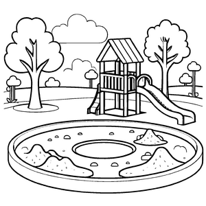 Schaukelnde Kinder im bunten Sandkasten mit Spielzeug Malvorlage für kleine Sandkünstler