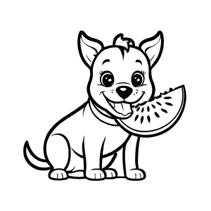 Fröhlicher Hund mit Galiamelone im Maul Ausmalbild für kleine Obstliebhaber