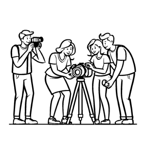 Begeisterte Fotografie-Gruppe um Statif mit Kamera Malvorlage für kleine Blickfänger