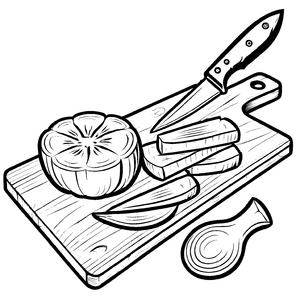 Kreative Obstschneiden mit fröhlichem Messer und Früchten Ausmalbild für kleine Küchenzauberer