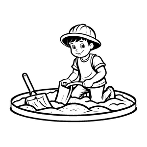 Spielender Junge mit Schaufel im Sandkasten Ausmalbild für kleine Traumerbauer