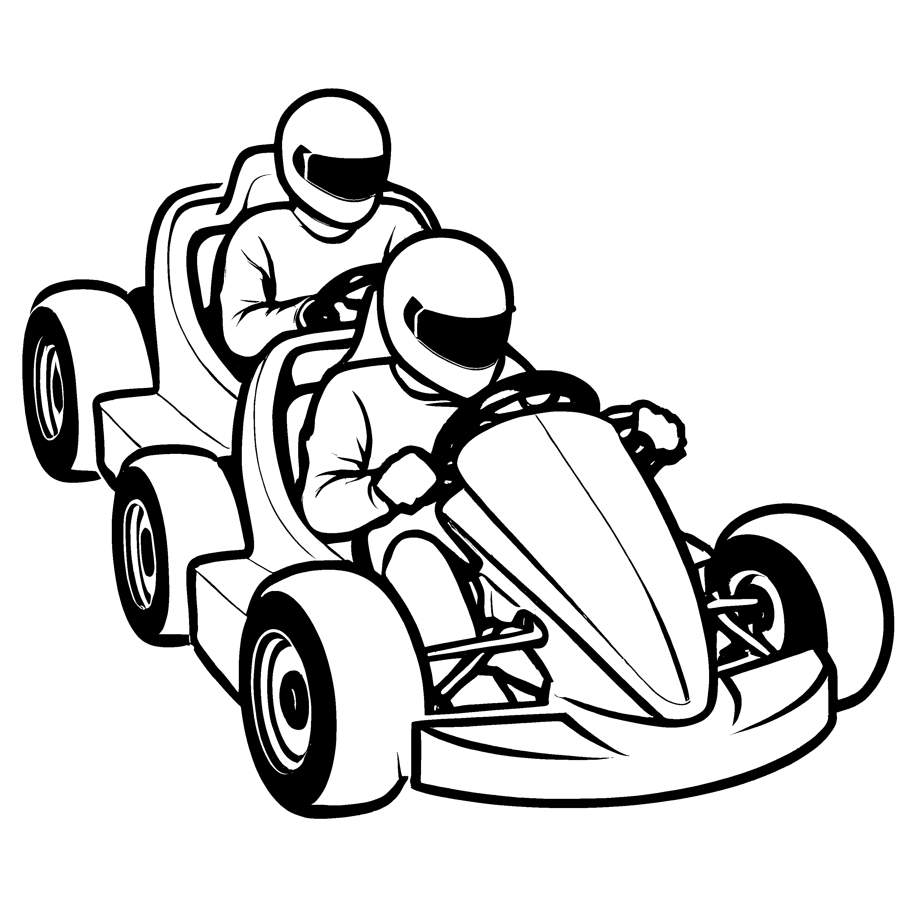 Rasantes Go-Kart mit zwei Fahrern auf spannender Jagd Malvorlage für energiegeladene Rennfans