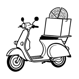 Spritziger Pizzabote auf dem Roller mit leckerem Snack Malvorlage für neugierige kleine Geschmacksexperten