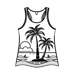 Traumhaftes Herren Tanktop mit Palmen und Wellen Ausmalbild für abenteuerliche Wasserratten
