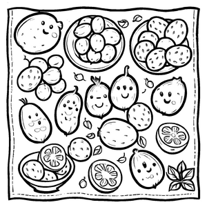 Faszinierender Topinambur mit bunten Früchten Ausmalbild für kleine Genusskünstler