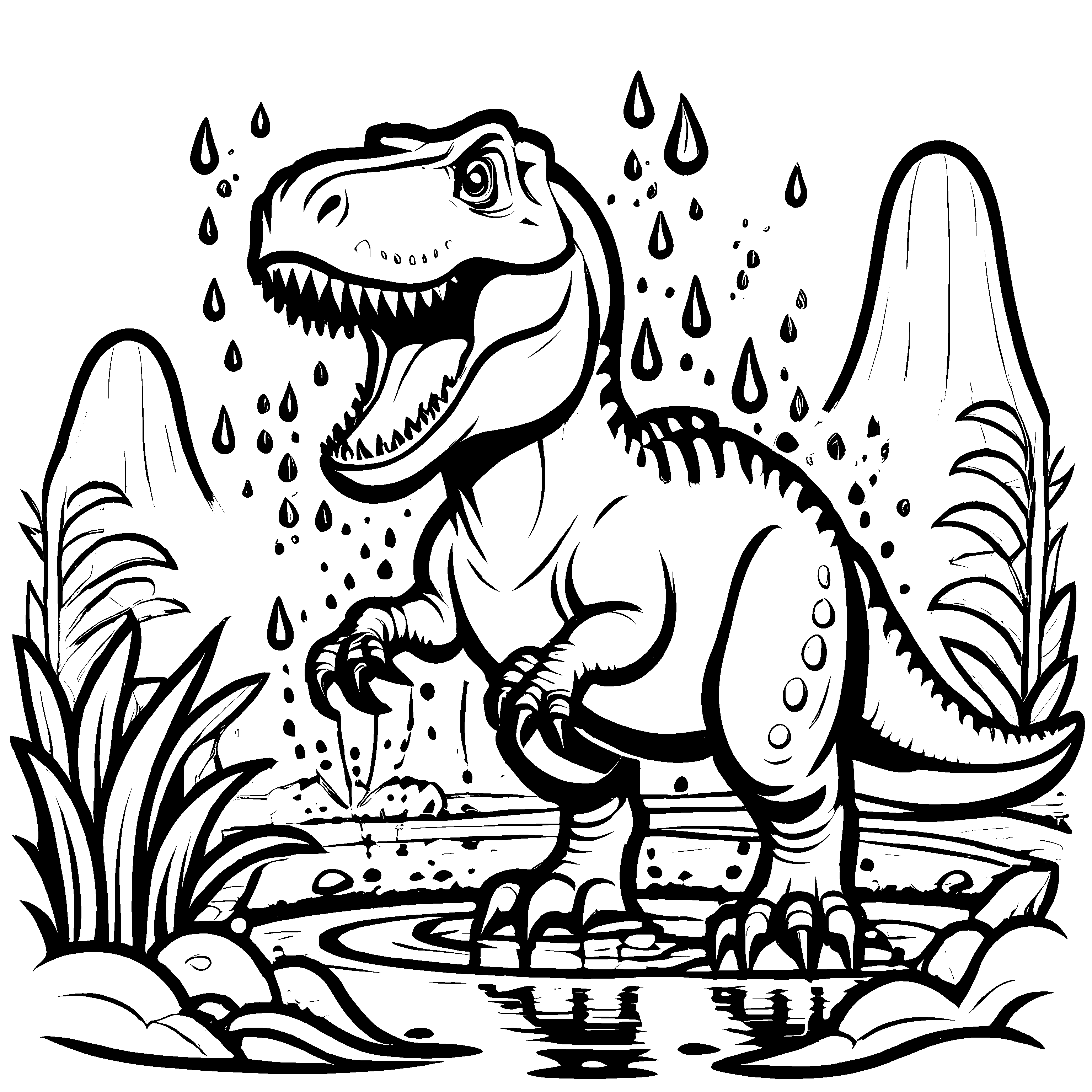 Furchtloser Tyrannosaurus Rex im Regen Ausmalbild für junge Entdecker