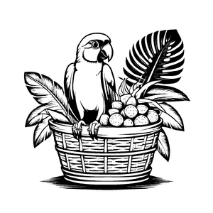 Papagei in Obstkorb mit Äpfeln und Orangen Ausmalbild für kleine Entdecker
