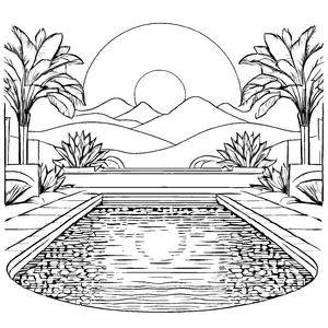 Entspannender Swimmingpool mit Palmen und Bergkulisse Ausmalvorlage für kleine Wasserratten