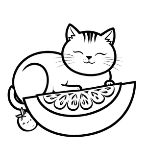 Verspielte Katze in Melonenscheibe Malvorlage für kleine Obstliebhaber