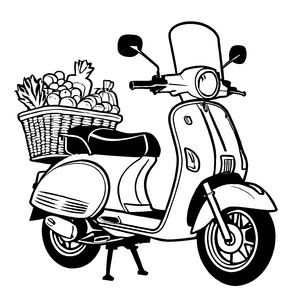 Gemütliches Moped mit erfrischendem Gemüsekorb Ausmalvorlage für kleine Naturfreunde