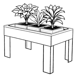 Bezaubernder Tisch mit drei Pflanzenkästen Malvorlage für kleine Gartenarchitekten und kreative Träumer