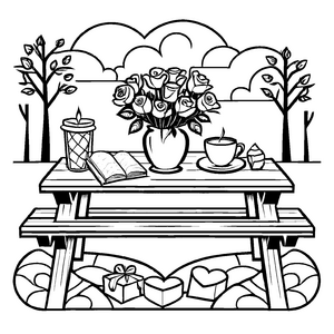 Frohes Picknick mit blühenden Rosen und Buch Ausmalvorlage für kleine Entdecker