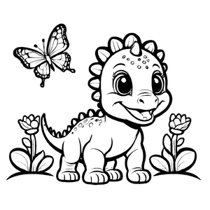 Verspielter Pachycephalosaurus neben buntem Schmetterling Ausmalbild für kleine Entdecker