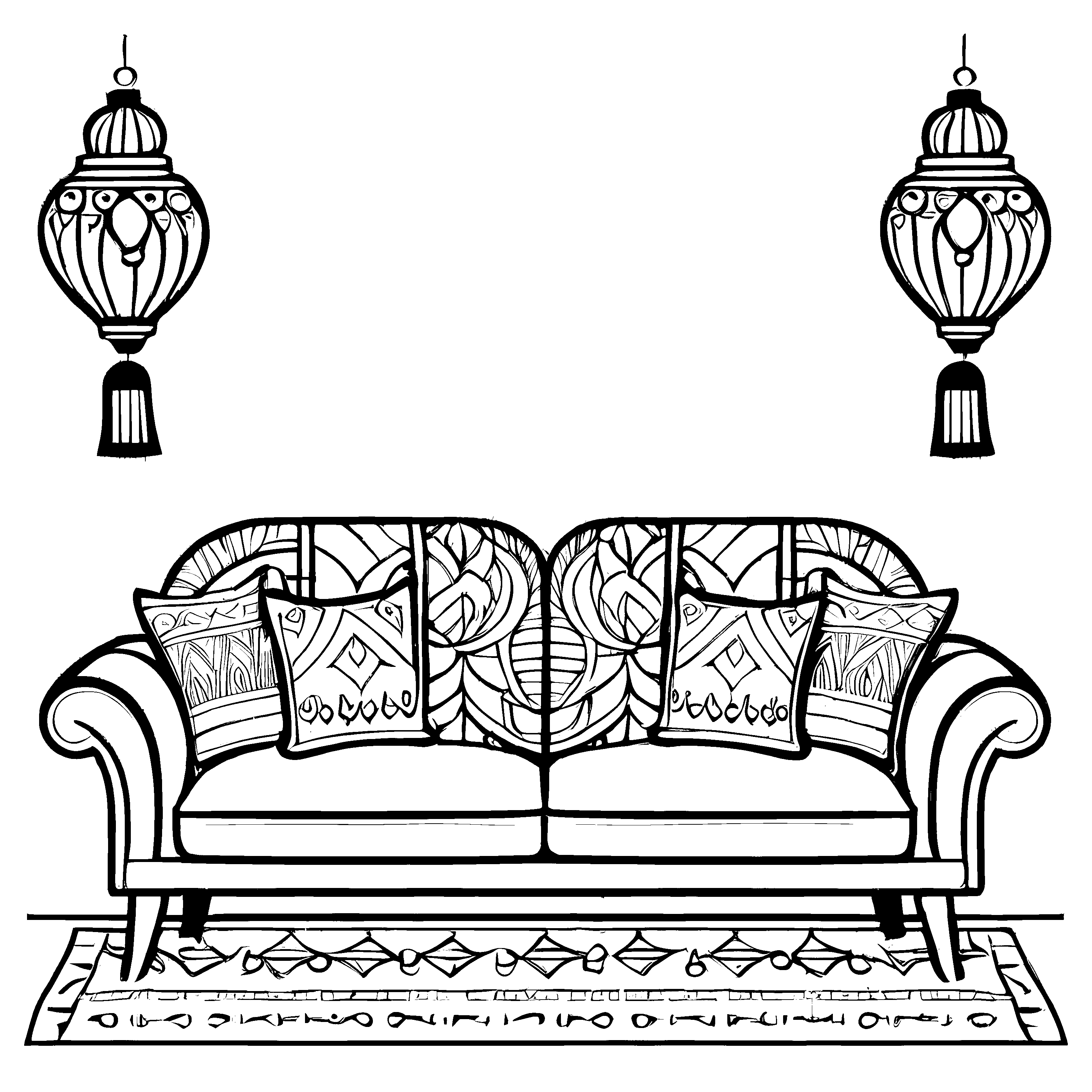 Bezauberndes Sofa mit einzigartigem Muster auf dem Bezug Ausmalvorlage für kleine Wohnkünstler