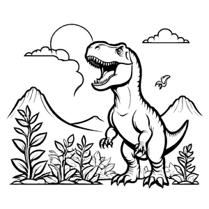Furchtloser Tyrannosaurus Rex zwischen lebhaften Pflanzen Ausmalmotiv für stolze Entdecker mit Fantasie