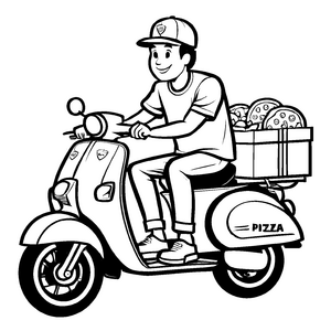 Pizzabote auf Scooter mit leckeren Pizzakästen Ausmalvorlage für kleine Entdecker