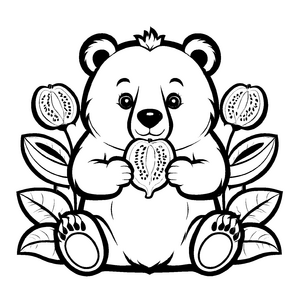 Süßer Teddybär mit Papaya auf grünen Blättern Ausmalbild für neugierige Kinder