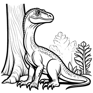 Beeindruckender Velociraptor unter einem Baum Ausmalvorlage für mutige Dino-Abenteurer