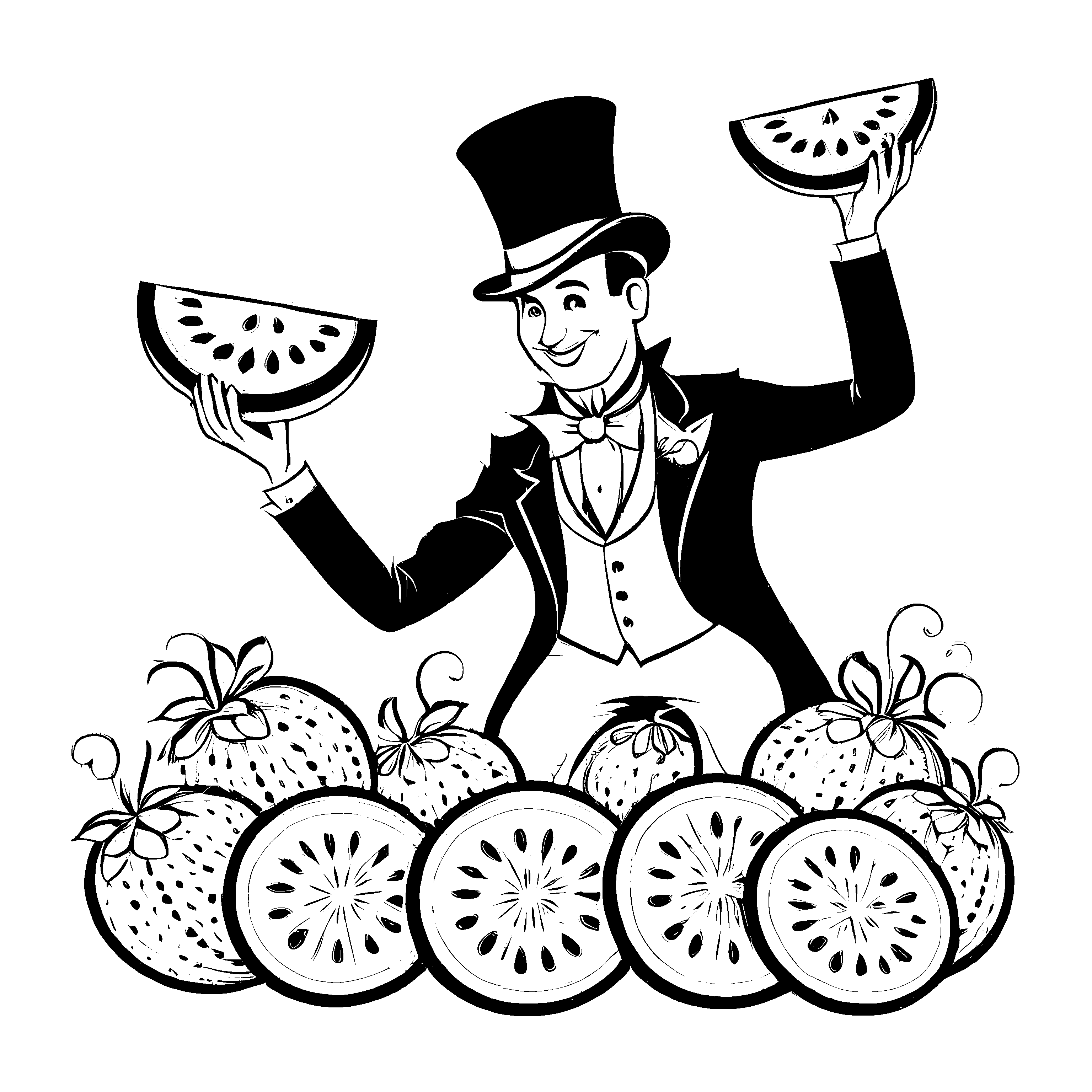 Magischer Mann mit bunten Wassermelonen Bastelmotiv für kreative Obstkünstler