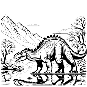Eindrucksvoller Iguanodon blickt in glitzerndes Wasser Ausmalbild für neugierige Dino-Entdecker