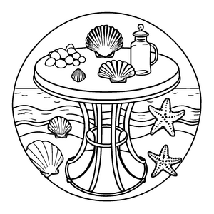 Runder Tisch mit Muscheln und fröhlichem Vogel Ausmalbild für kleine Entdecker