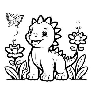 Fröhlicher Stegosaurus neben einer blühenden Pflanze Ausmalbild für kreative Tierfreunde